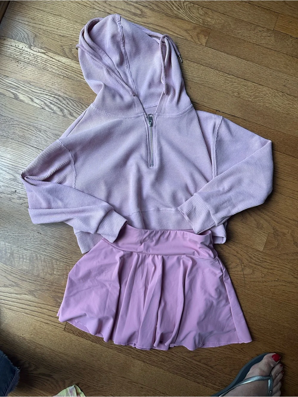 HALARA Light Pink Girls' Hooded Waffle Pullover & Pleated Skirt Set